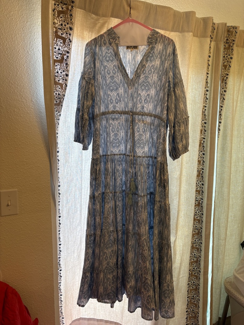 Boho V-Neck Tiered Maxi Dress in Light Blue Pattern